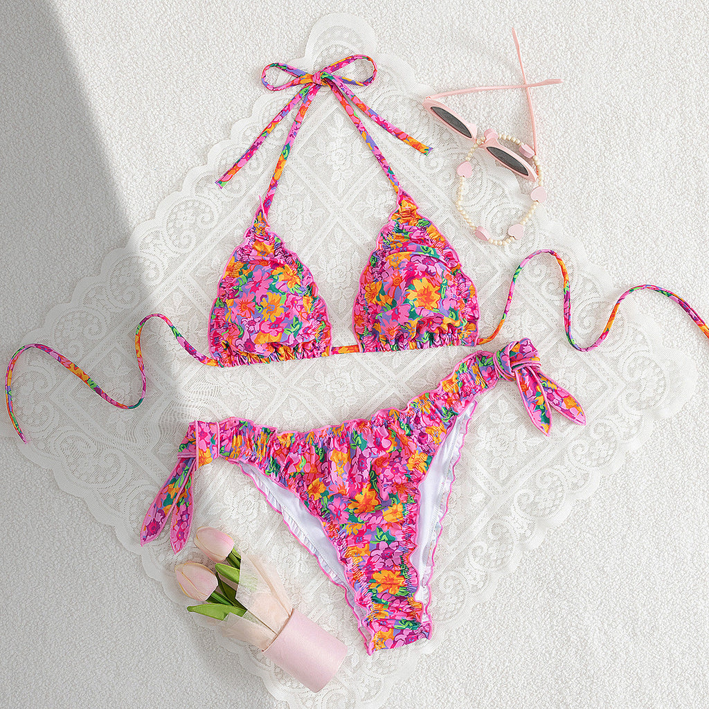 Rose Pink Floral Ruffle Bikini Set