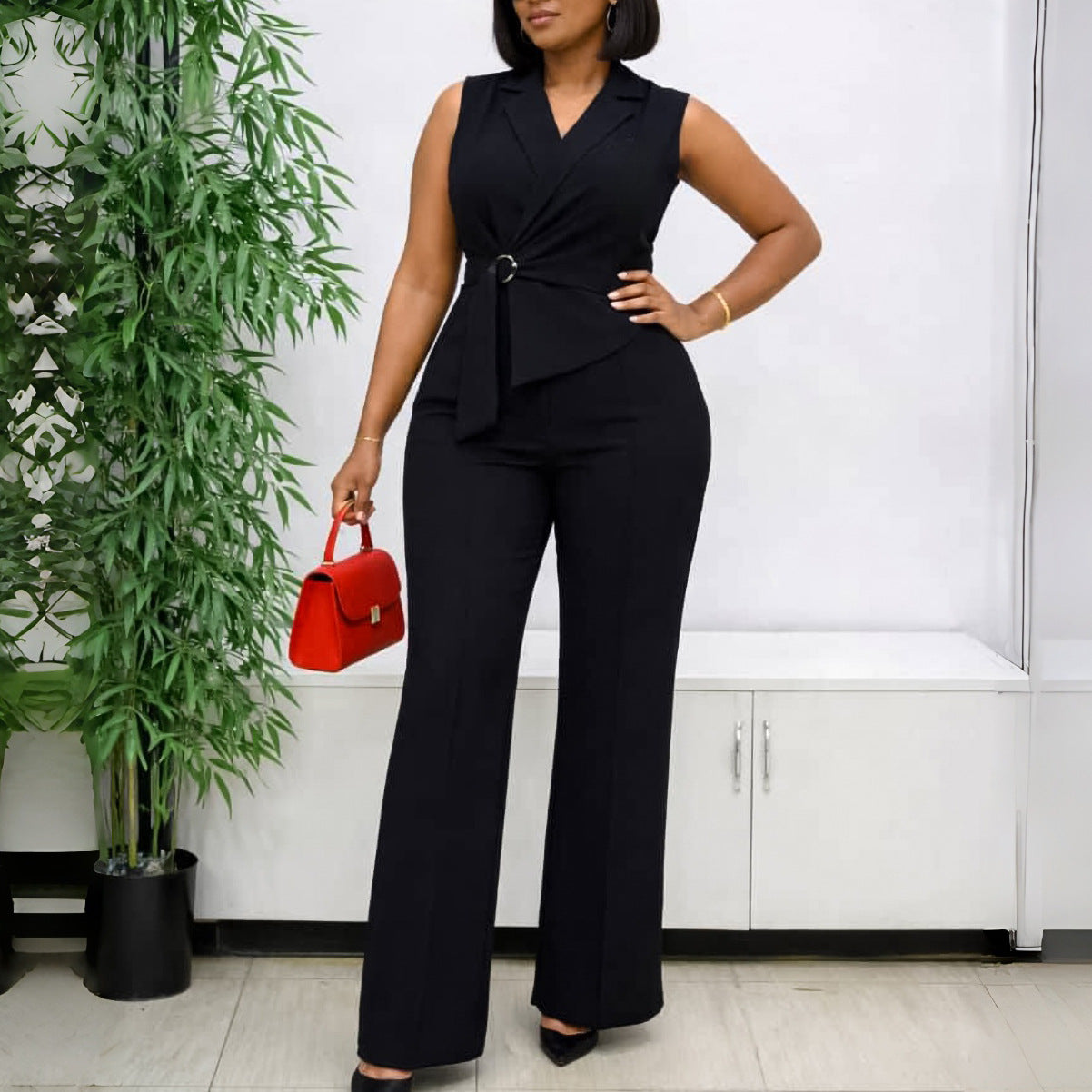 Sleeveless Wide-Leg Jumpsuit with Lapel & D-Ring Belt