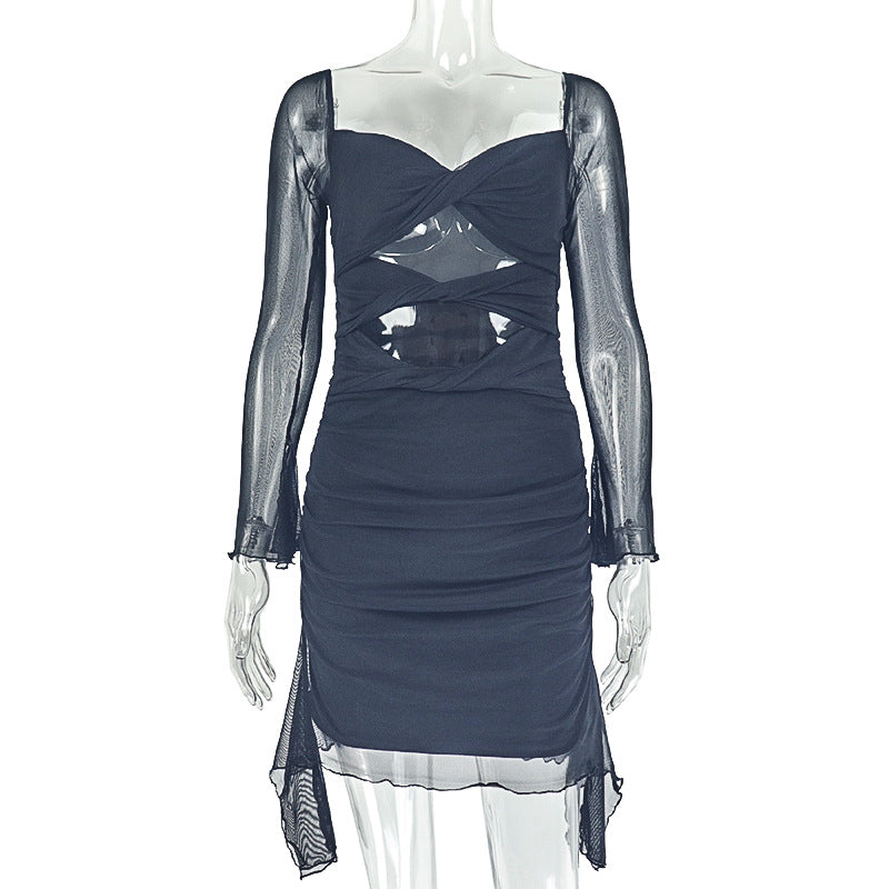 Deep V-Neck Twisted Front Sheer Mesh Long Sleeve Cutout Waist Ruched Bodycon Mini Dress