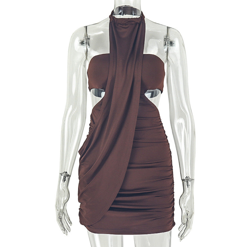 Draped Scarf Halter Cutout Ruched Mini Dress | Backless, Body-Con & Going-Out Dark Luxe
