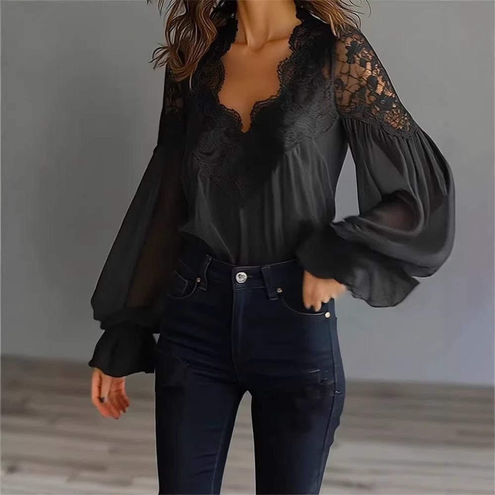 Lace-Trim V-Neck Puff Sleeve Blouse
