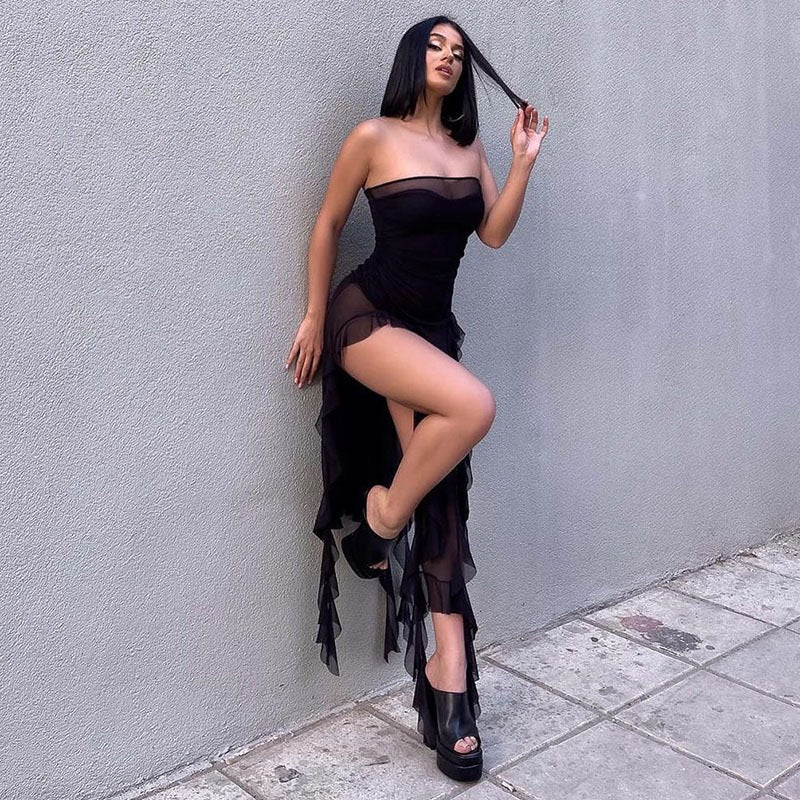 The Midnight Cascade Mesh Midi Dress