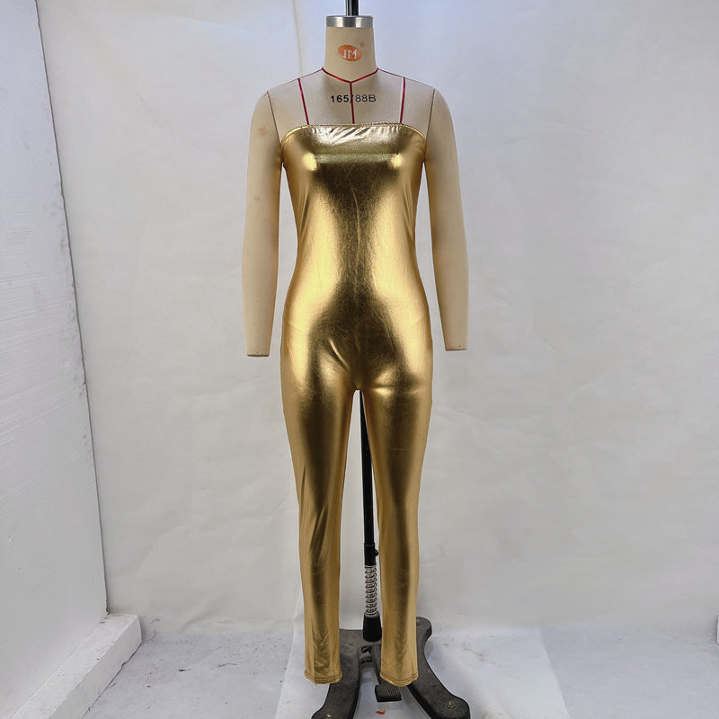 Chrome Goddess Metallic Strapless Skinny-Leg Jumpsuit