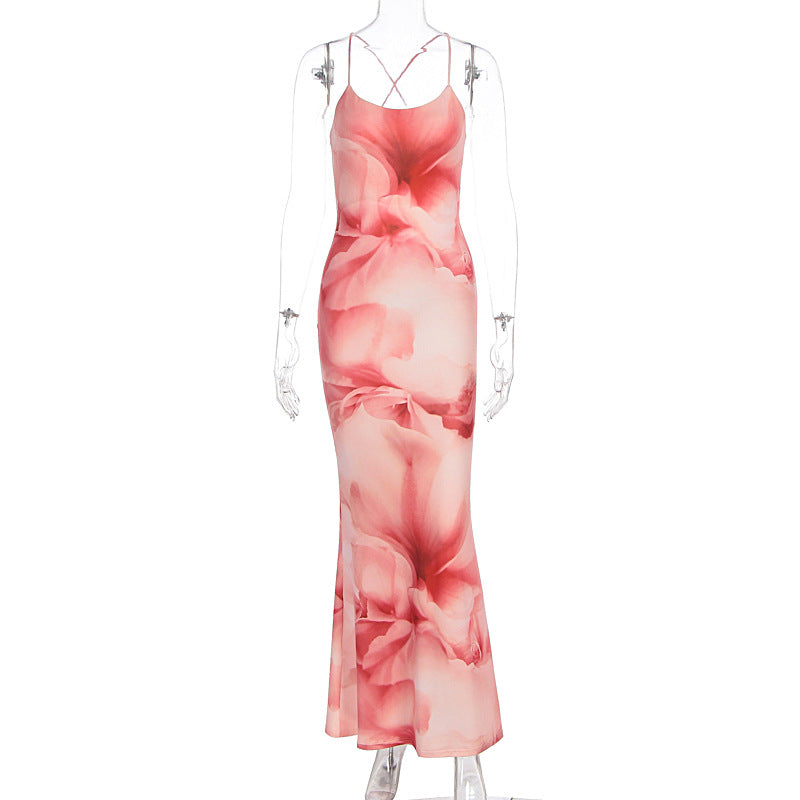 Summer Women Elegant Sexy Print Backless Slim Fit Waist Sheath Dress