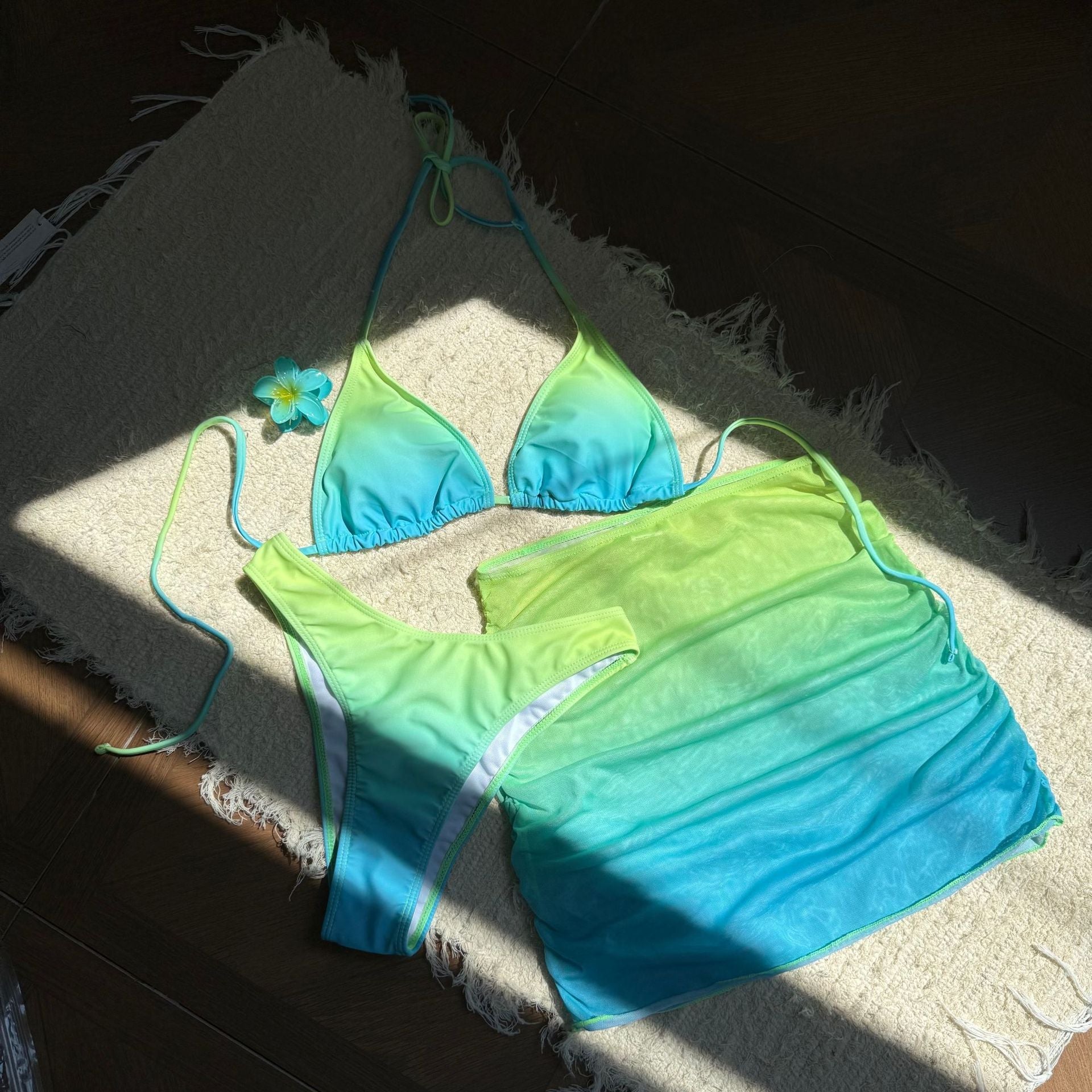 Ombré Gradient Triangle Halter Bikini & Mesh Wrap Skirt Three-Piece Set | 3D Flower Charm, Ruched Cups & Dreamy Y2K Resort Luxe