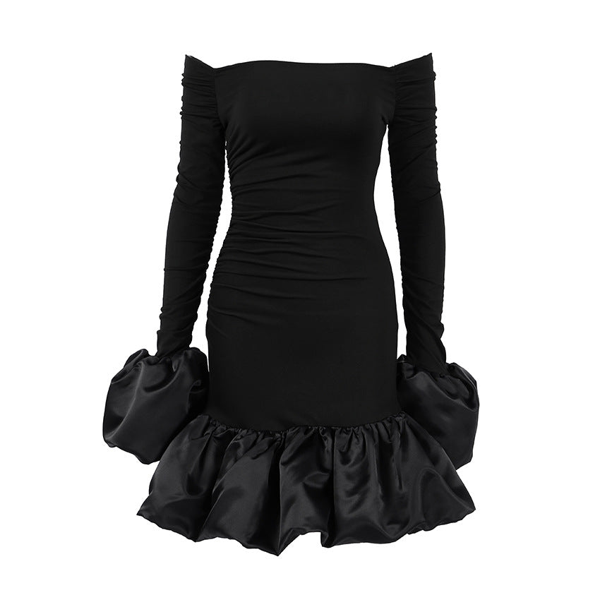 Black Off-Shoulder Puff Sleeve Mini Dress with Satin Ruffle Hem