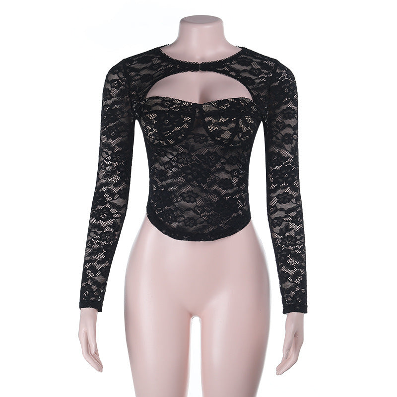 Sheer Lace Chest Cutout Long Sleeve Crop Top with Built-In Shelf Bra