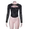 Sheer Lace Chest Cutout Long Sleeve Crop Top with Built-In Shelf Bra