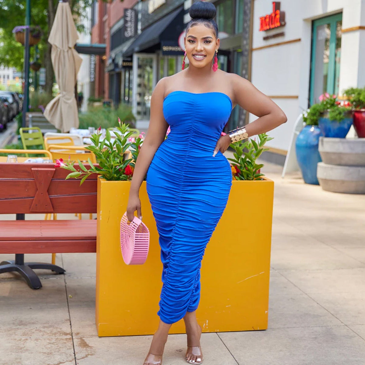 Strapless Allover Ruched Bodycon Midi Dress