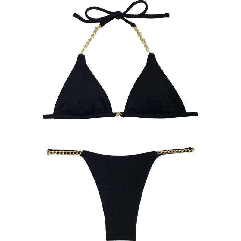 Chain-Detail Halter Bikini Set – Ribbed Two-Piece Swimsuit