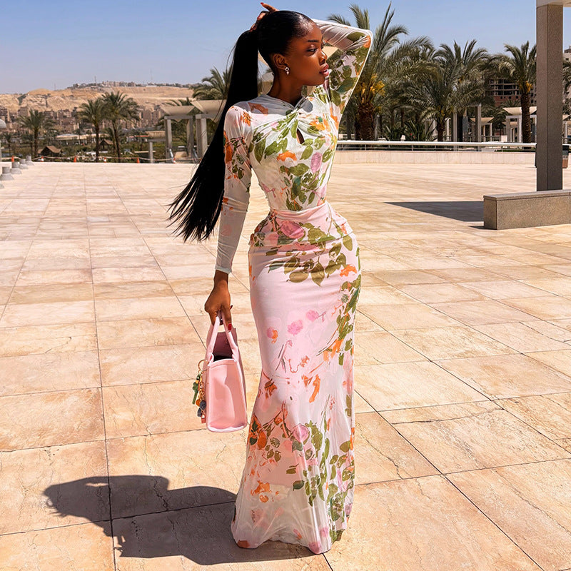 Botanical Floral Print Sheer Mesh High Neck Twisted Waist Bodycon Maxi Dress