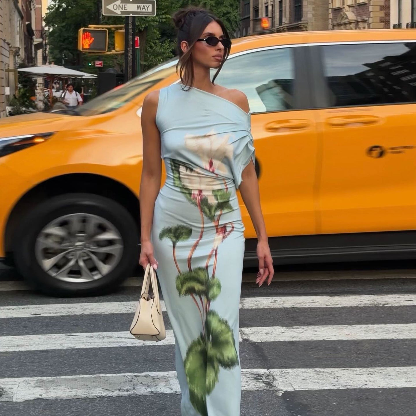 Botanical Print One-Shoulder Ruched Asymmetric Bodycon Maxi Dress
