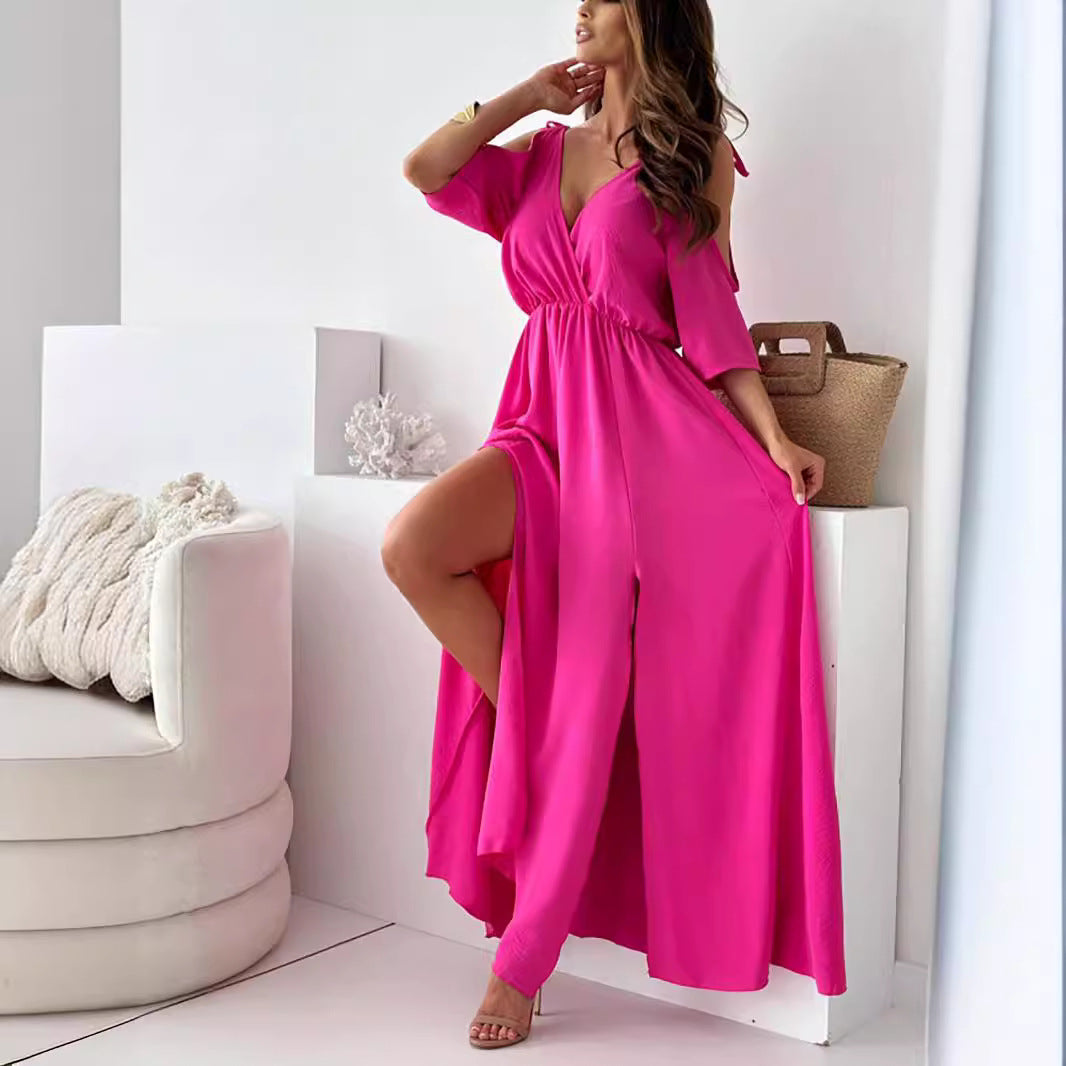 Deep V-Neck Cold Shoulder Half Sleeve Ruched Waist High Slit A-Line Maxi Dress