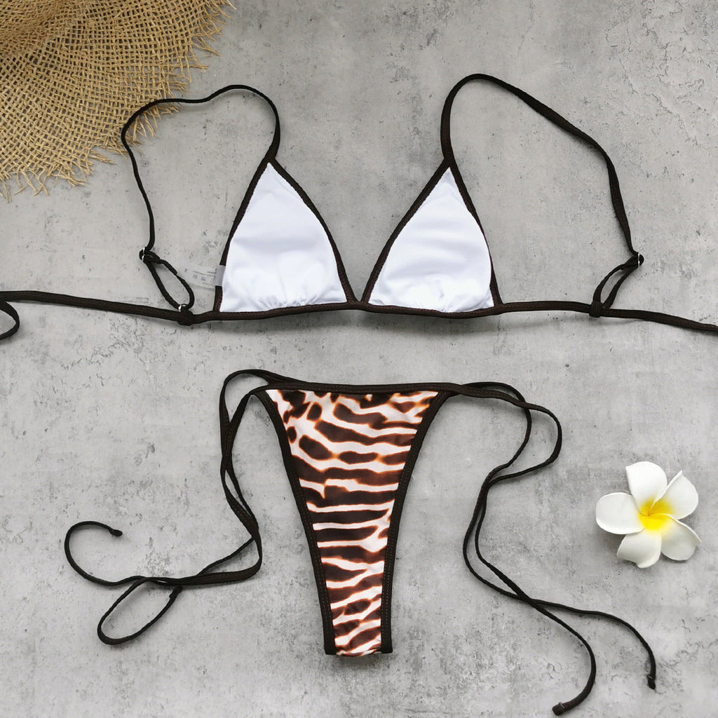 Mixed Animal Print String Triangle Bikini Set | Micro Thong Bottoms & Dark Trim
