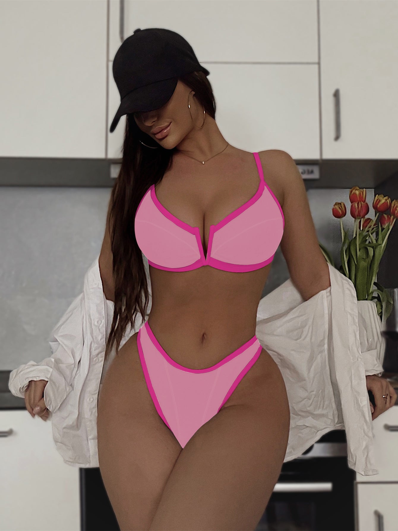 Color-Block Contrast Trim V-Wire Push-Up Bikini Set | High-Cut Cheeky Bottoms, Sporty-Chic & Resort Luxe