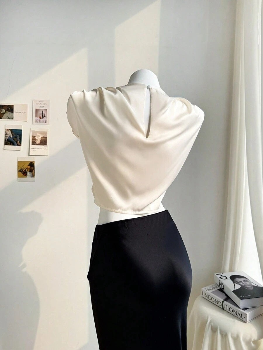 Satin Pleated Mock Neck Cap Sleeve Cropped Top