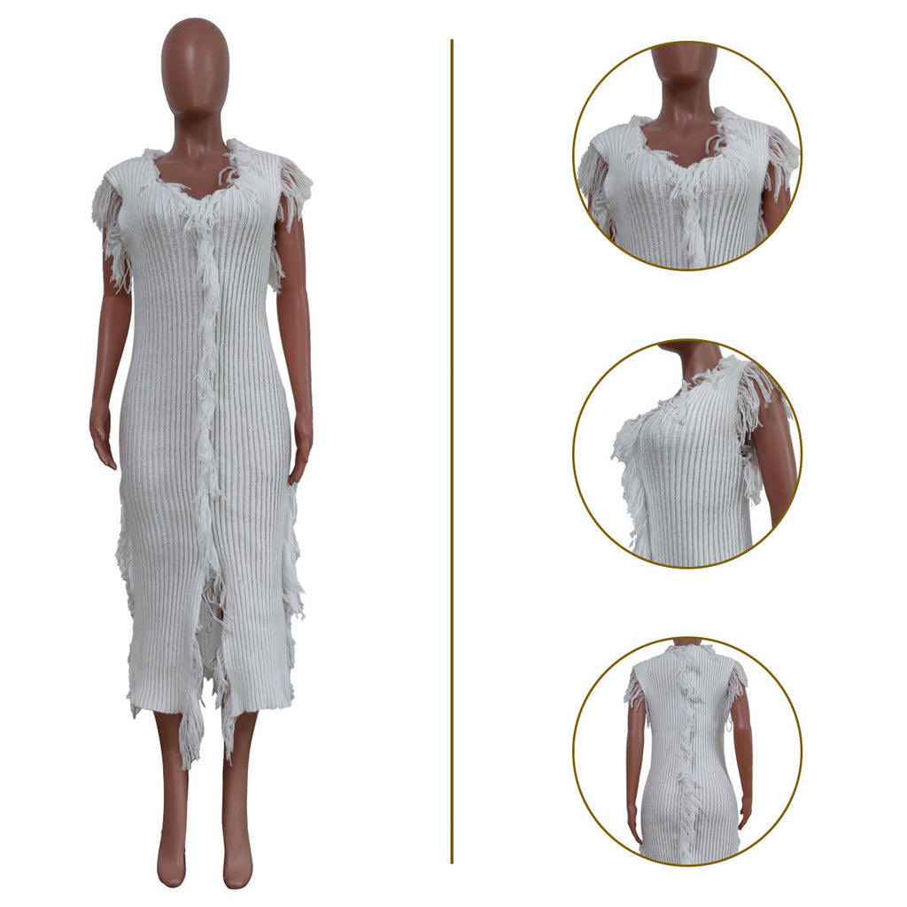 Ribbed Knit Fringe Trim Asymmetric Bodycon Midi Dress