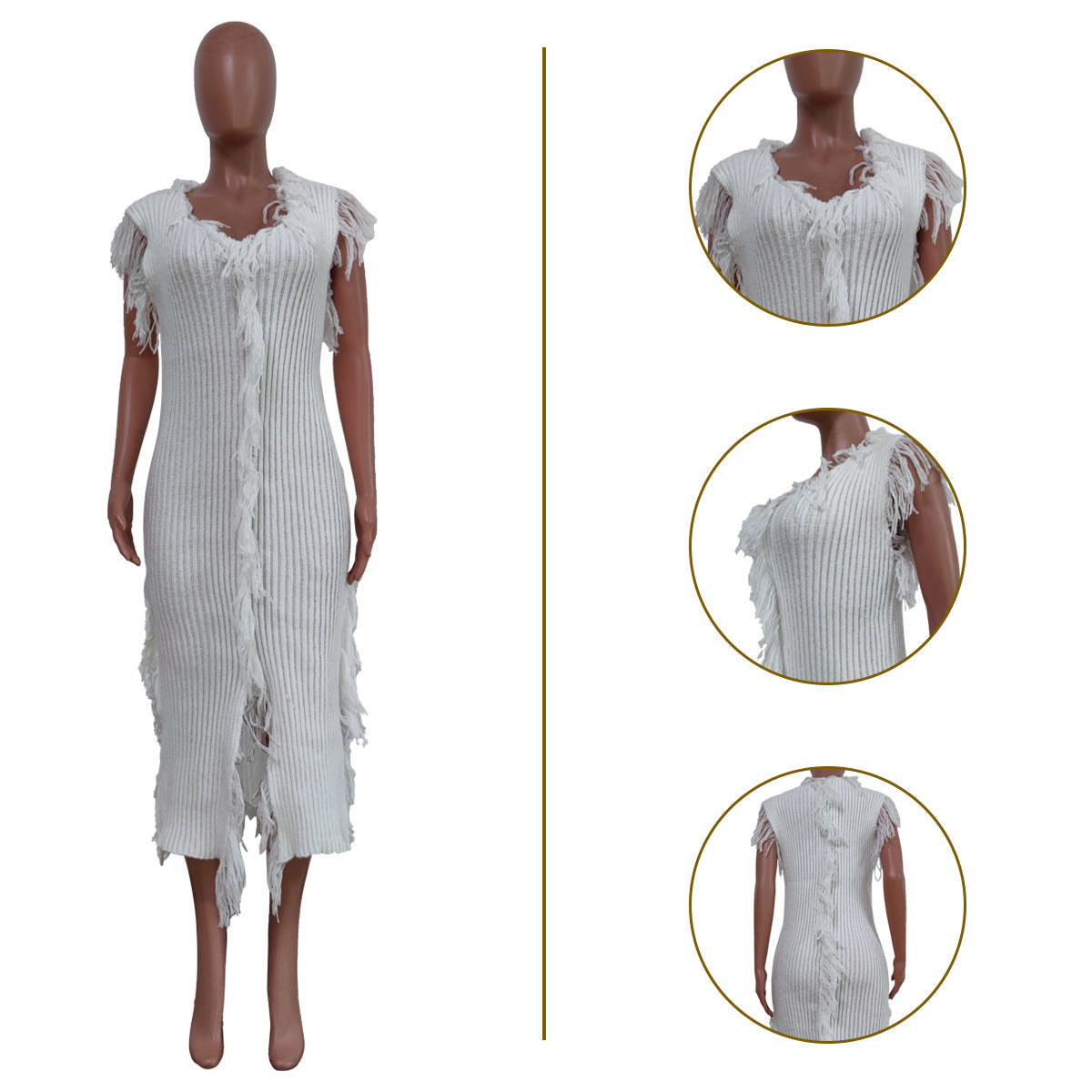 Ribbed Knit Fringe Trim Asymmetric Bodycon Midi Dress