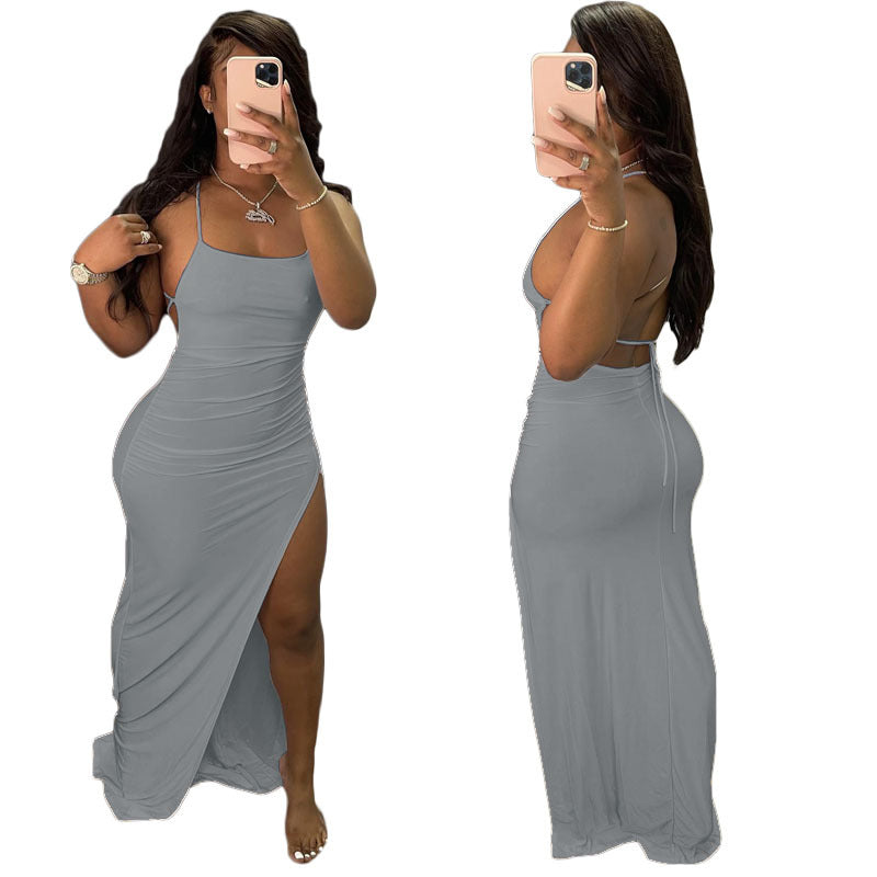 Spaghetti Strap Ruched Side Slit Backless Tie Bodycon Maxi Dress