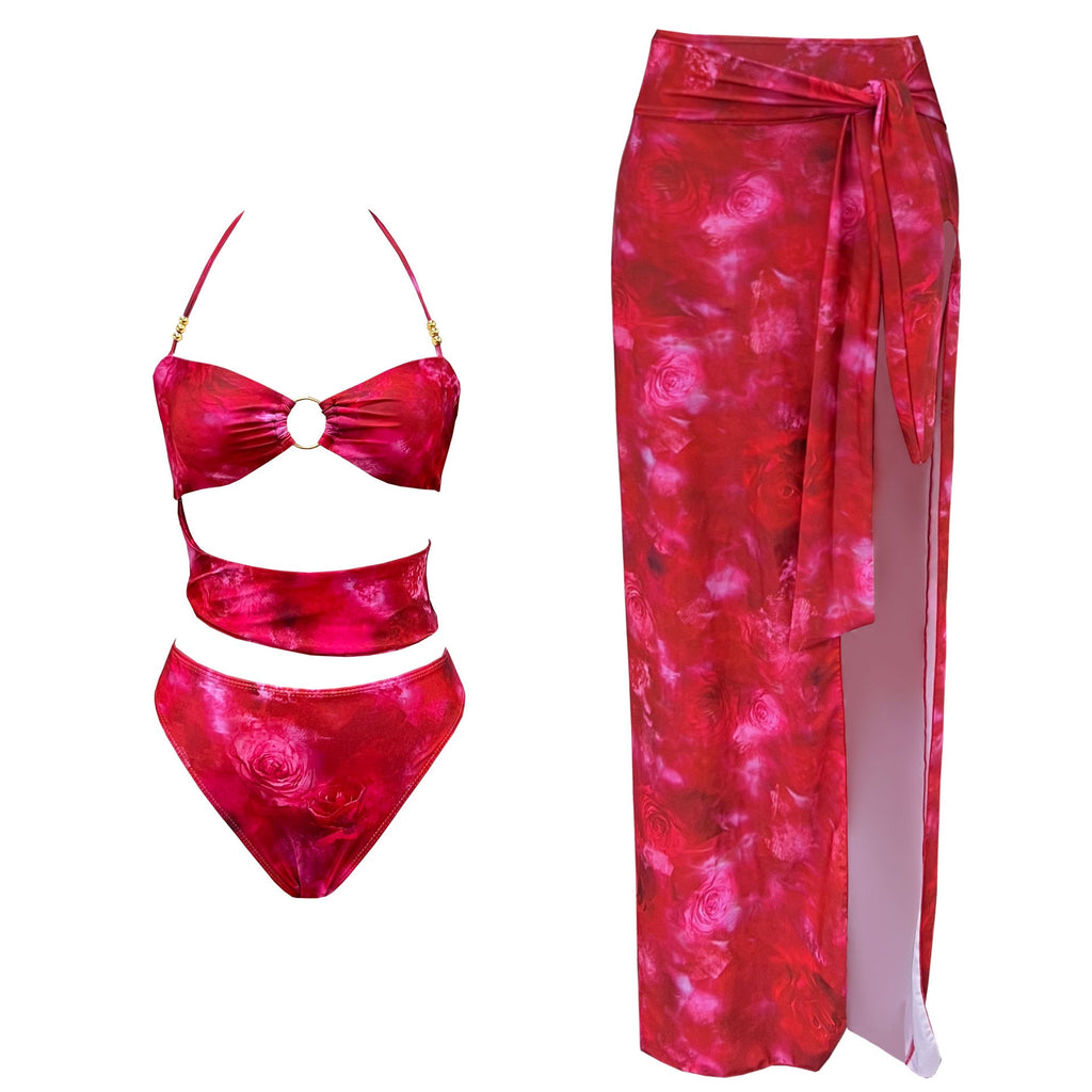 Retro Color Printing Multi Rope Hollow Out Cutout out Sexy Swimsuit Women Half Body One Piece Wrap Skirt Two Piece Sets