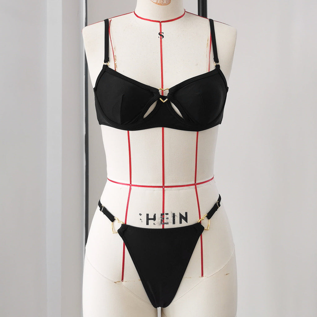 Gold Heart Ring Cutout Underwire Bikini Set