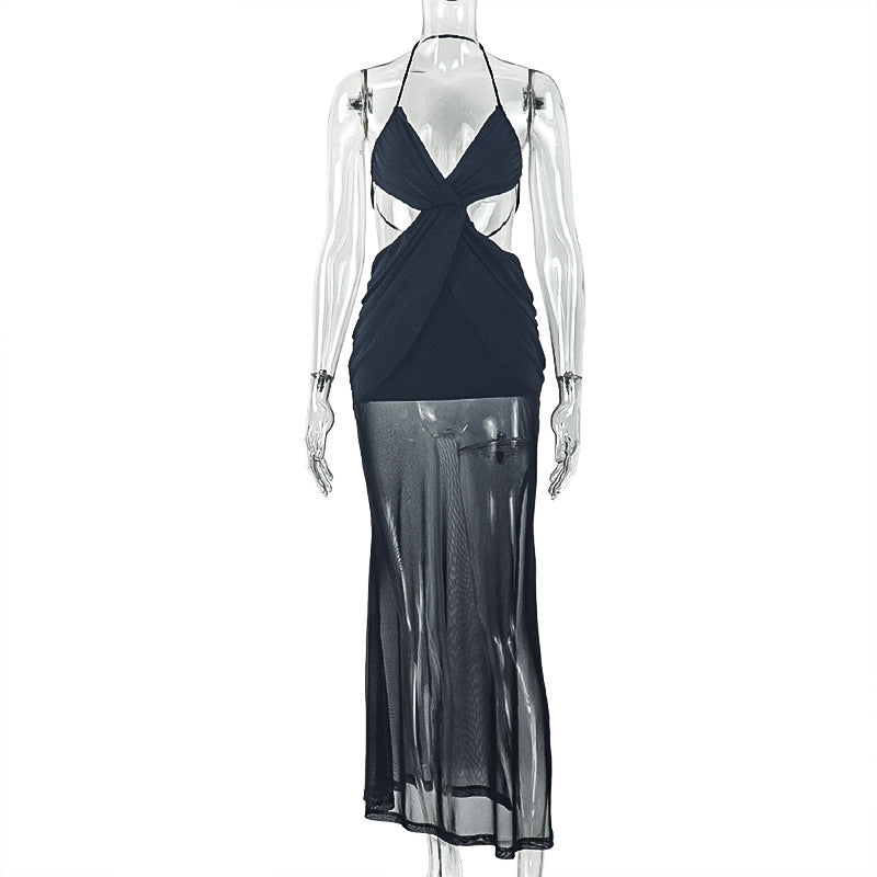 Deep V-Plunge Cross-Wrap Halter Ruched Backless Maxi Dress