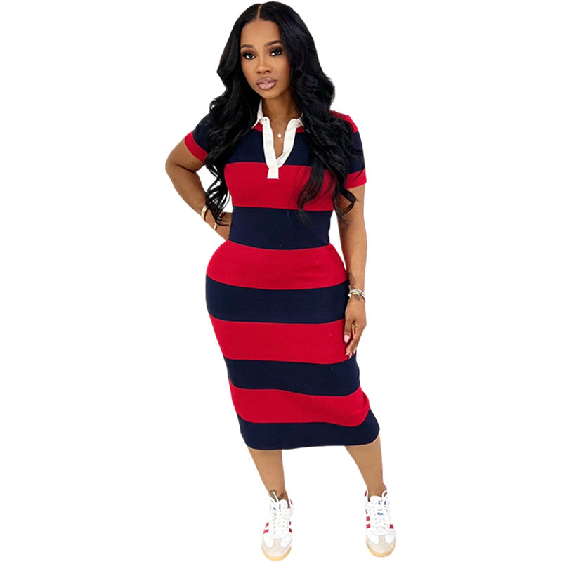 Color Block Stripe Polo Collar Bodycon Midi Dress