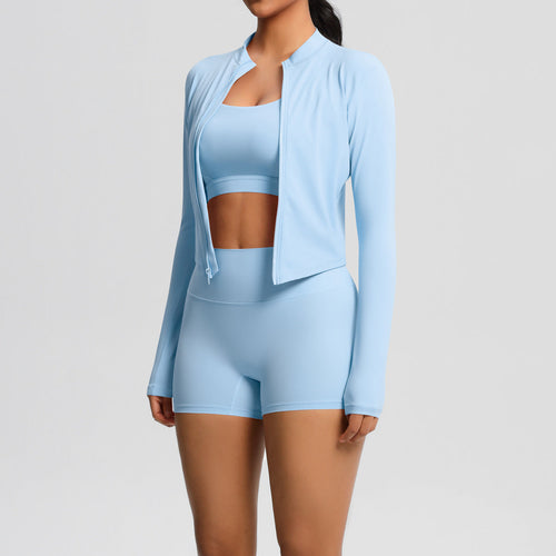 3-Piece Zip Jacket, Sports Bra & Biker Shorts Activewear Set