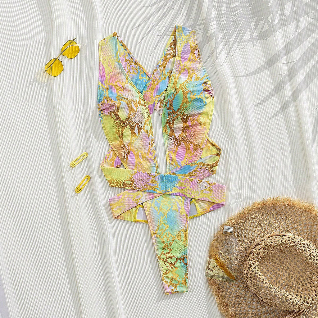 Pastel Holographic Snakeskin Deep-V Crossover Cutout One-Piece Swimsuit | High-Cut Thong & Y2K-Festival Resort Luxe
