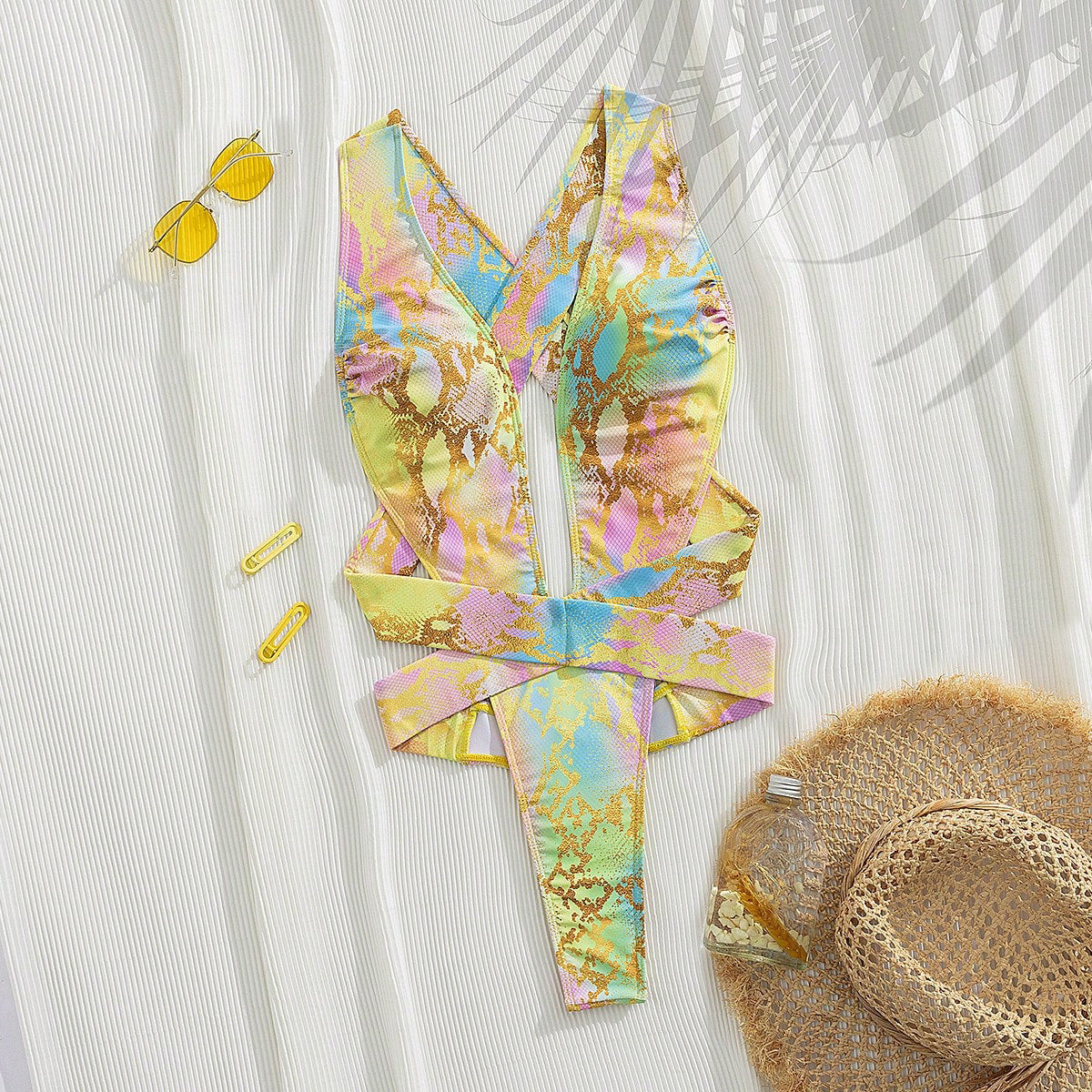 Pastel Holographic Snakeskin Deep-V Crossover Cutout One-Piece Swimsuit | High-Cut Thong & Y2K-Festival Resort Luxe