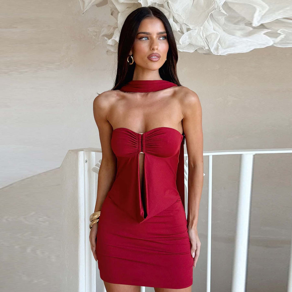 Deep Red Scarf Halter Tie-Neck Strapless Sweetheart Bra-Cup Centre Ruched Gold Ring Cut-Out Keyhole Bodycon Mini Dress