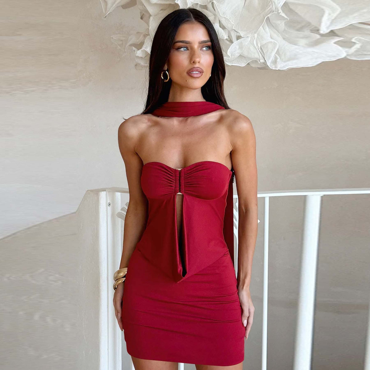 Deep Red Scarf Halter Tie-Neck Strapless Sweetheart Bra-Cup Centre Ruched Gold Ring Cut-Out Keyhole Bodycon Mini Dress