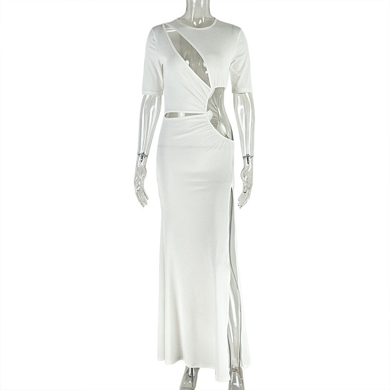 Short Sleeve Diagonal Slash Cutout Bodycon Maxi Dress | Ruched Waist & Front Side Slit