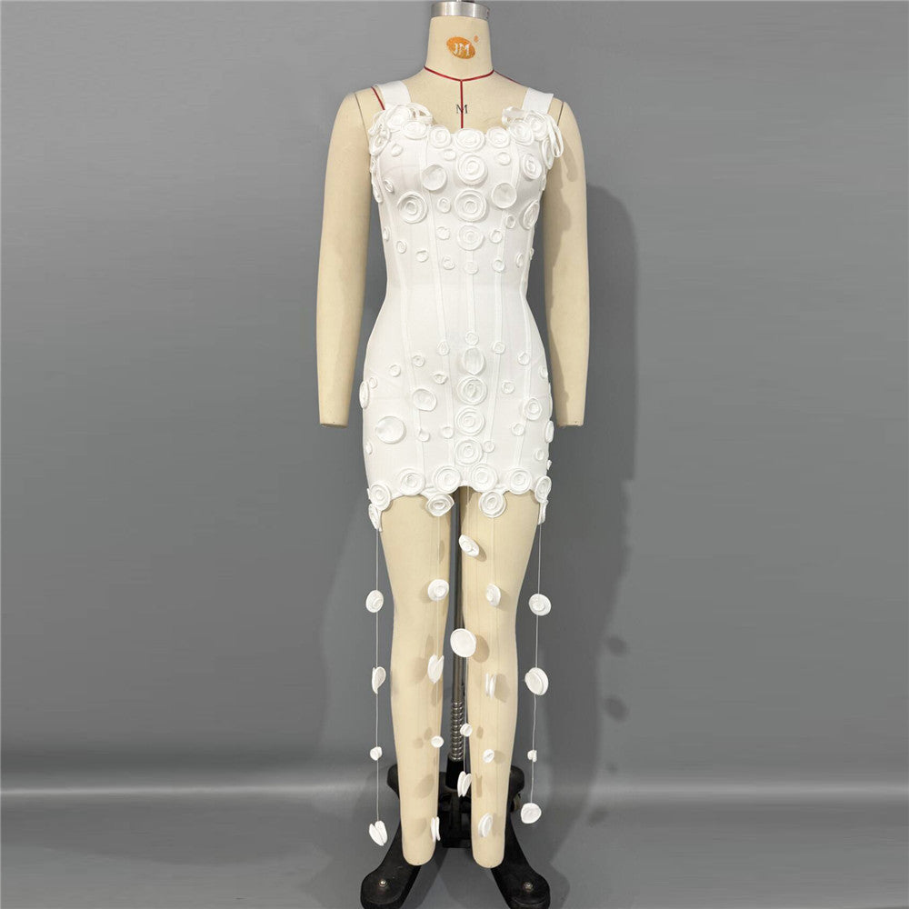 Disc Fever 3D Wafer Apliqué Disc Tassel Bandage Bodycon Mini Dress