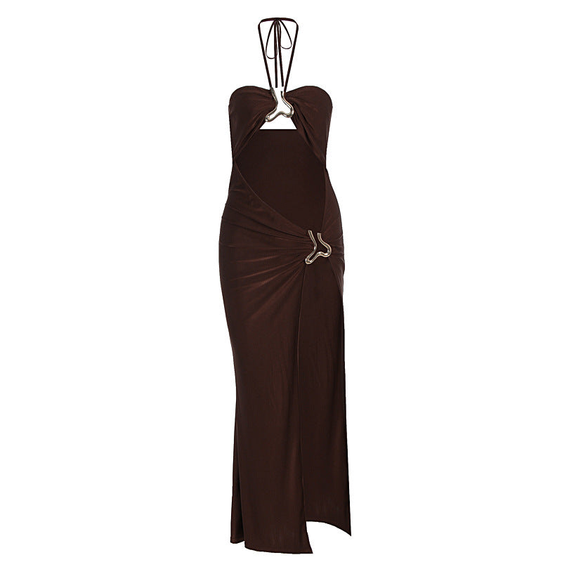 Halter Tie-Neck Metal Ring Cutout Lace-Up High Slit Maxi Dress