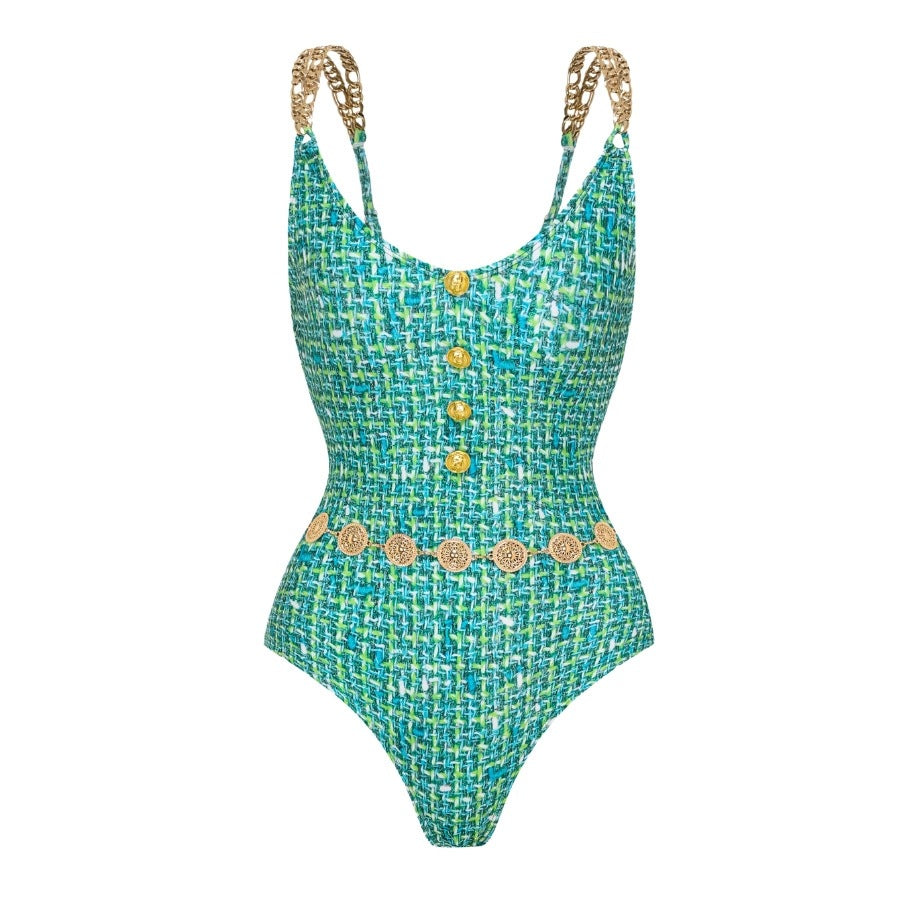 Boho Swimsuit Set – Green One-Piece, Swimsuit & Skirt