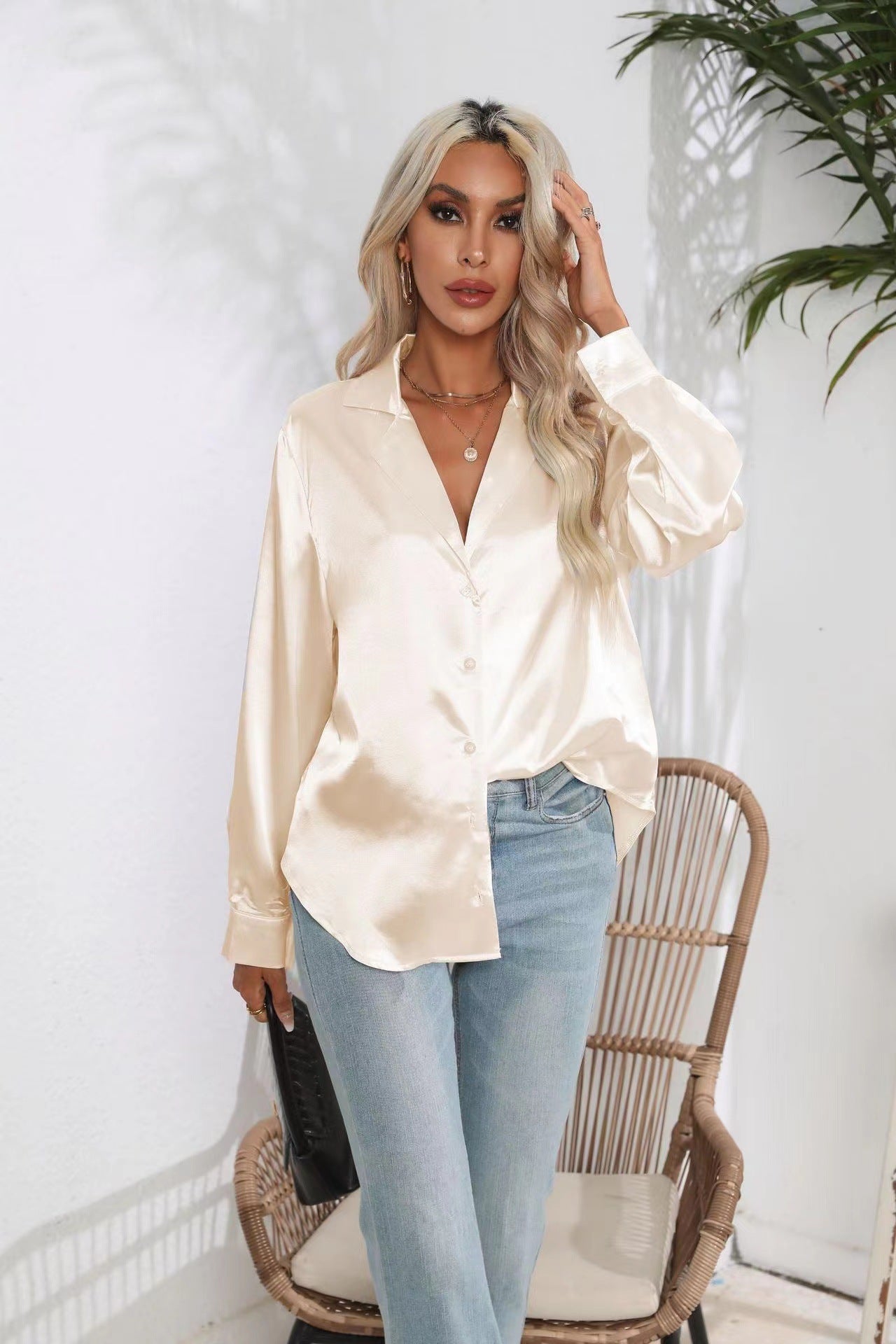Satin Long Sleeve Button-Down Collared Shirt