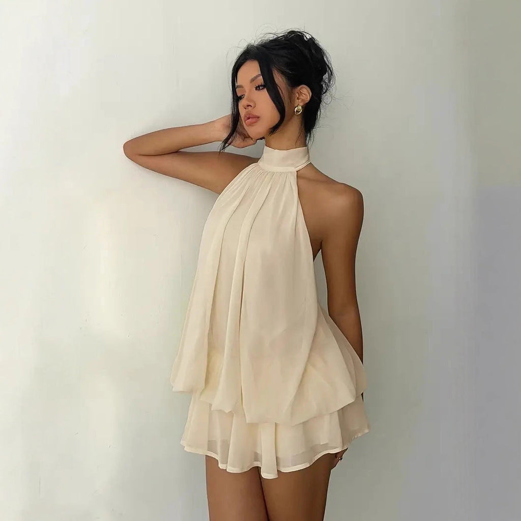 Cloud Nine Gathered Halter Tie-Back Chiffon Mini Dress