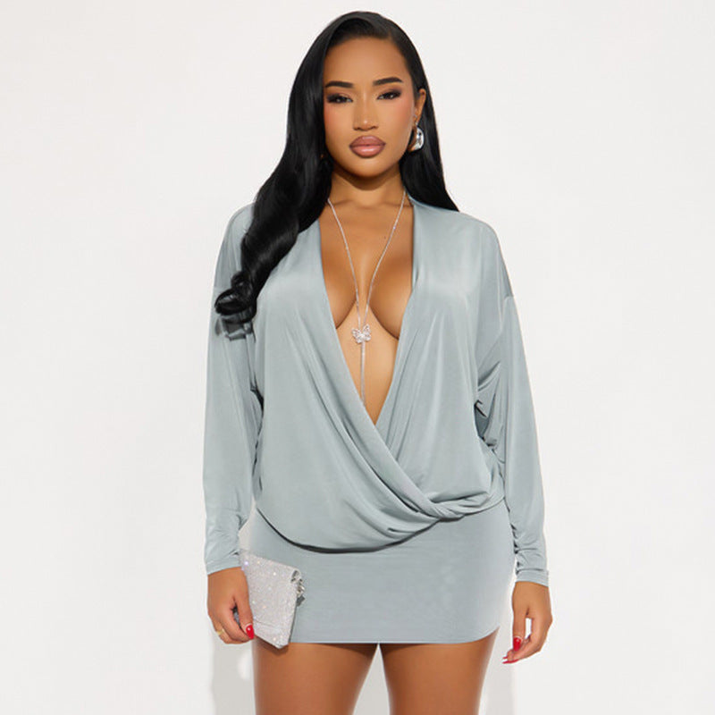 Deep-V Long Sleeve Draped Wrap Mini Dress