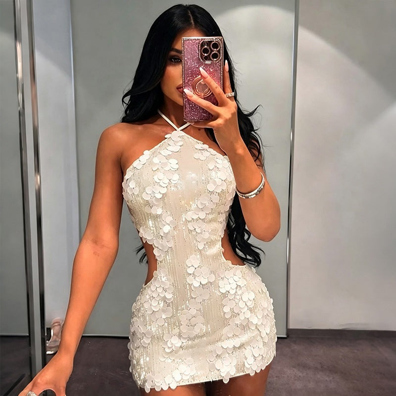 Backless Sequin Petal Mini Dress