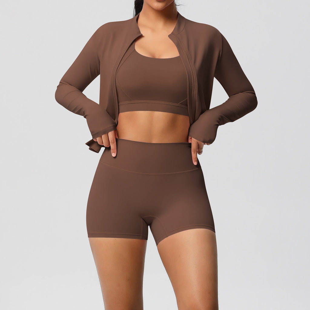 3-Piece Zip Jacket, Sports Bra & Biker Shorts Activewear Set