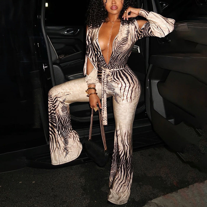 Zebra Print Deep V-Neck Long Sleeve Flare Leg Jumpsuit