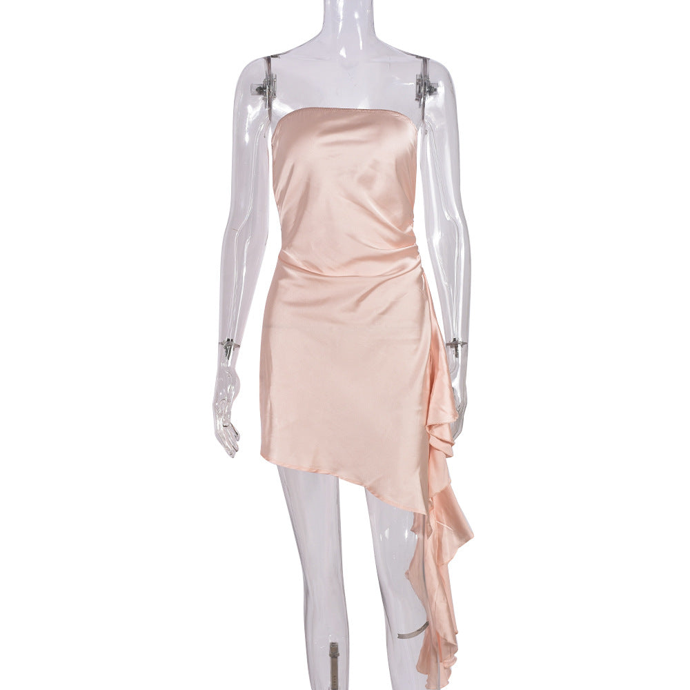 Satin Strapless Ruched Side Draped Ruffle Mini Dress
