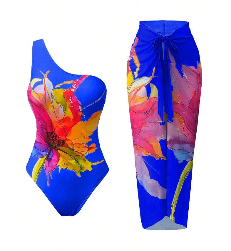 Watercolor Floral One-Shoulder One-Piece Swimsuit & Wrap Midi Sarong Skirt Set