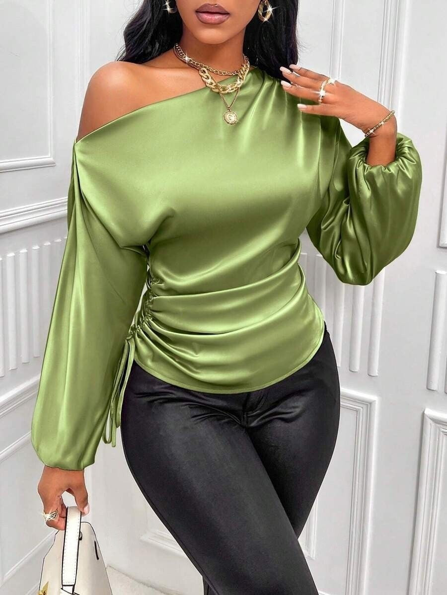 Satin Asymmetric One-Shoulder Bishop Sleeve Side Tie Ruched Waist Blouse