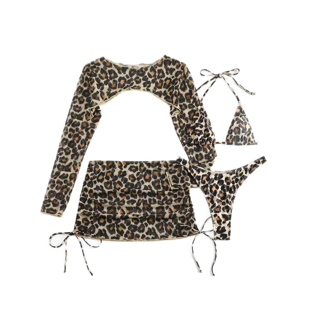 Leopard Print 4-Piece Mesh Cover-Up Bikini Set