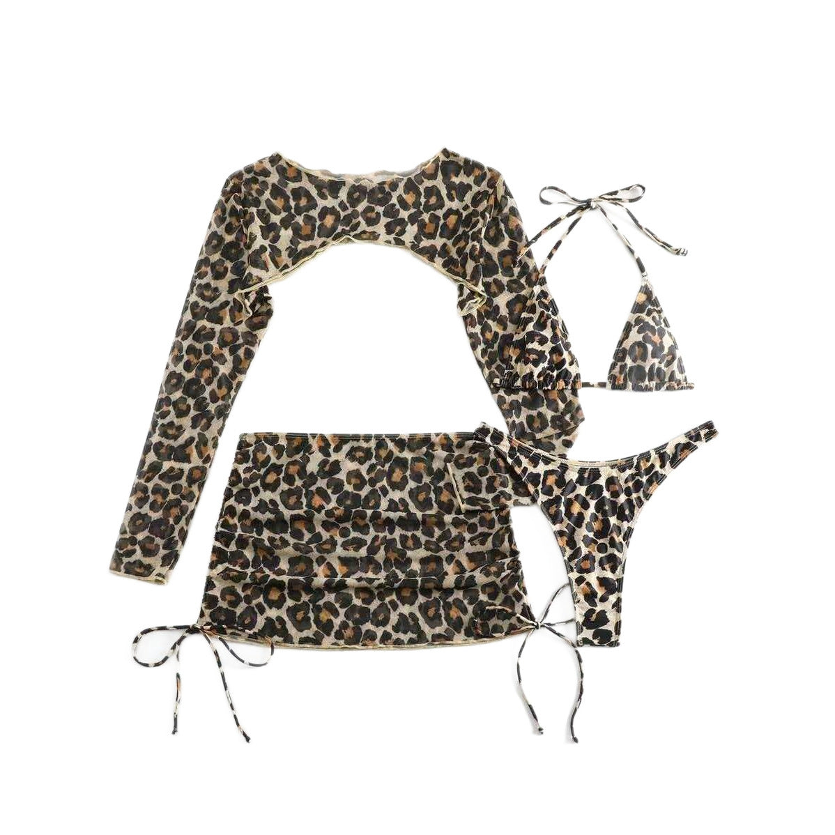 Leopard Print 4-Piece Mesh Cover-Up Bikini Set
