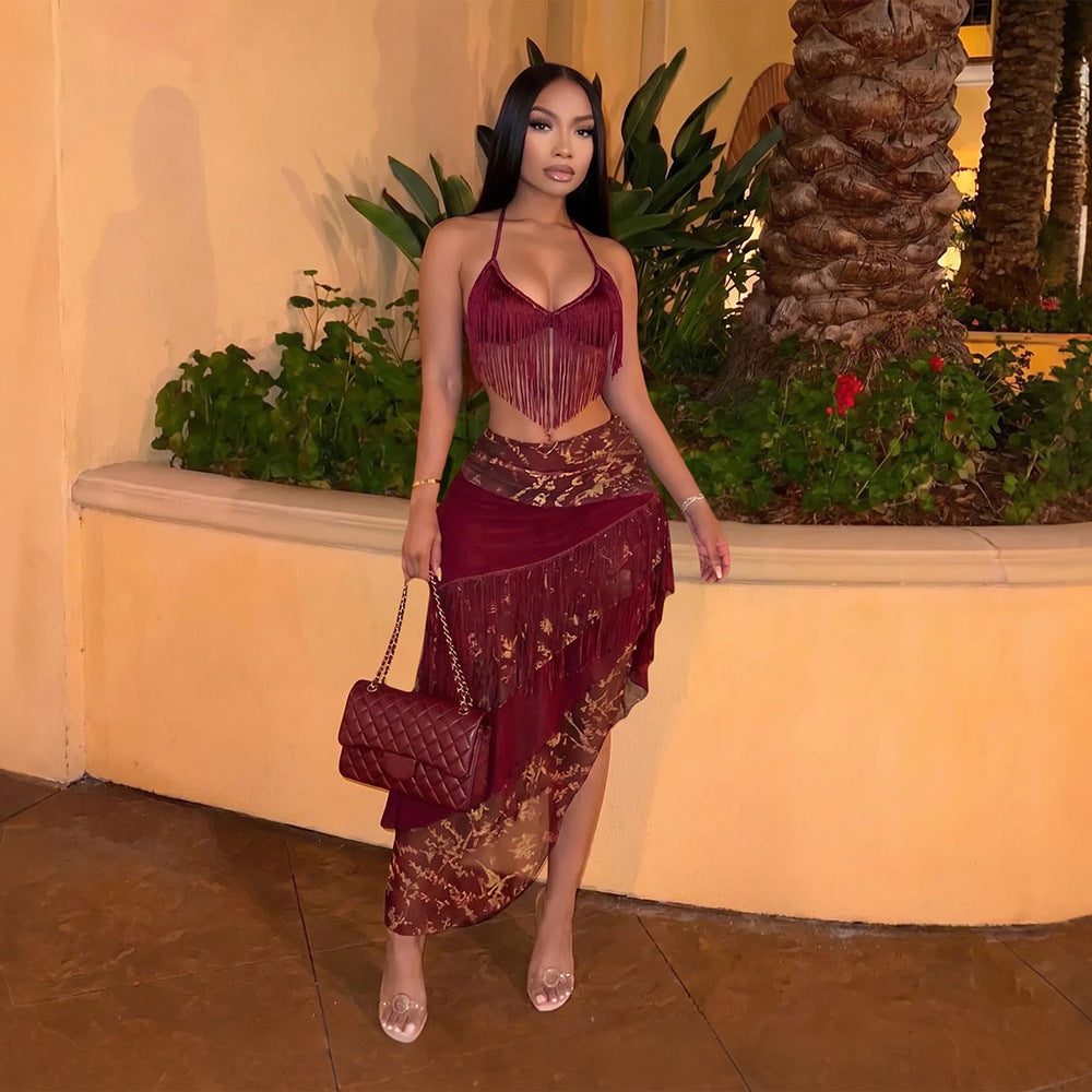 Wine & Dine Fringe Halter Top + Baroque Print Asymmetric Maxi Skirt Set