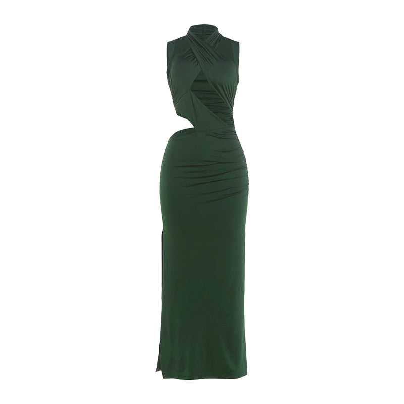 Cross Halter Cutout Ruched Fishtail Maxi Dress
