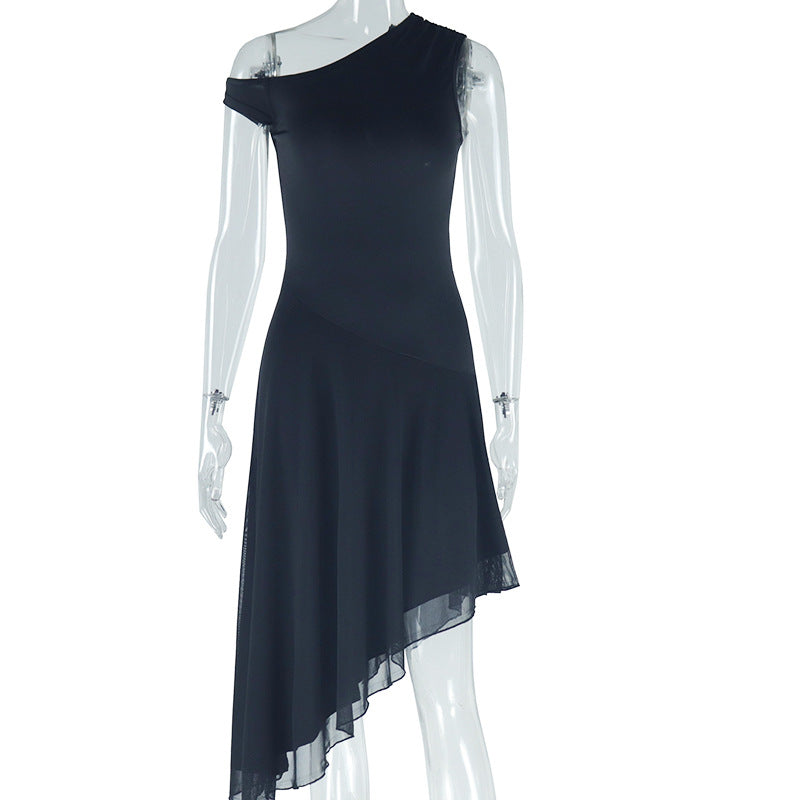 One-Shoulder Asymmetric Lettuce Hem Bodycon Midi Dress